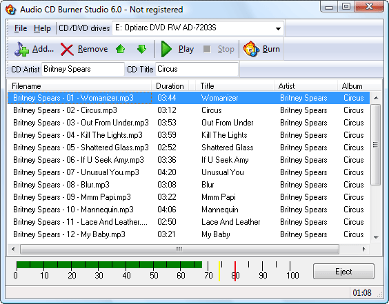 Tracks to burn to Audio CD