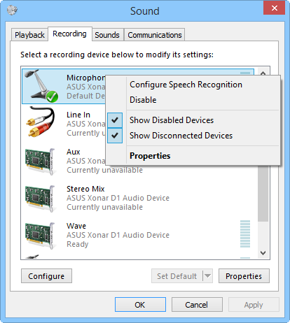 Sound recording devices in Windows 8.1