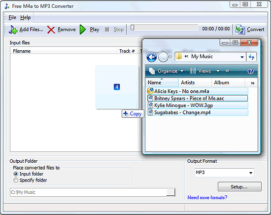 Drag and drop AAC, M4a, M4b and other supported files from Windows Explorer
