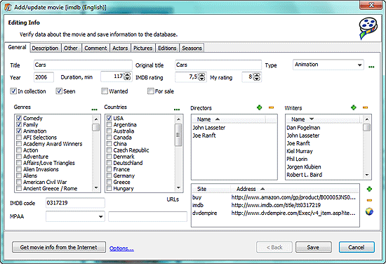 Edit information about the movie and save changes to your database