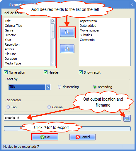 Add fields to export, set separator and filename