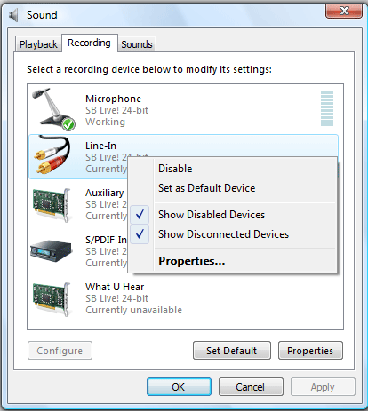 Right-click to get context menu, check to show disabled and disconnected recording devices