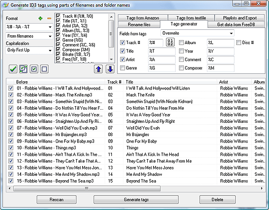 Extract parts of filenames to tag audio files